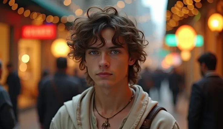 A young man, about 20 years old,  with wavy brown hair and expressive green eyes. . He is fair-skinned and wears a simple, shabby tunic , walking down a well-lit street in the city,  surrounded by luxurious stores and bright signs . Despite the brightness ...