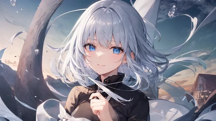  white hoodie 、 black shirt 、Ultra HD, Watch viewers with a beautiful sunset in the background , and, 20 years old, 非常に short hair,  long bangs between eyes, Pale blue eyes,  very detailed,(masterpiece、 top quality ),Gray Hair、Laughter、 wonderful,  Silver ...