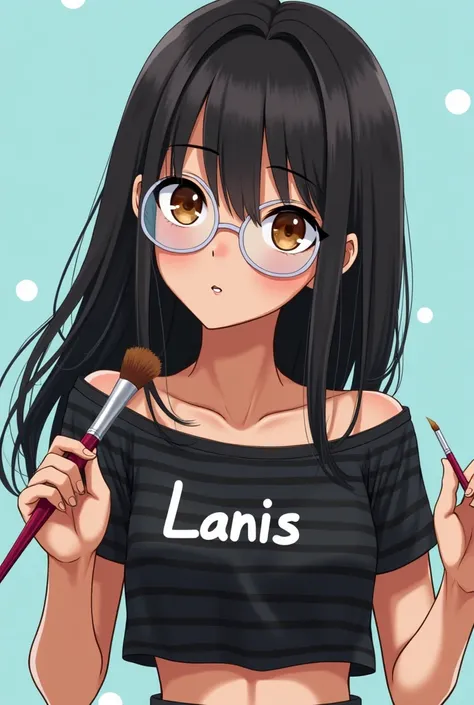  girl with brown eyes, brown skin, and black hair wearing a black striped top with "Lani^s" written on the crop top, wearing white spectacles in a pastel blue with white dots environment holding a paintbrush