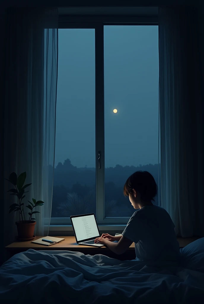  A horizon seen from a bedroom window,  a laptop on the table with a notebook , uma vibe Dark , darker, As if there were night 