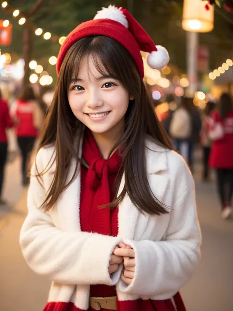  neat female college student　20 years old　 Japanese　 cute　smile　 long hair on her face　 Christmas　