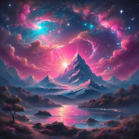 A design for a vaporwave style, beautiful neon glowing galactic art piece and colorful stardust in a surreal night sky, magical twinkling stars, glowing, dynamic angle, dynamic lighting, various positions.
