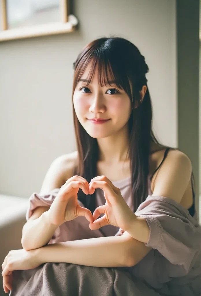  makes a heart shape with both hands,Everything modern:1.66,  a picture of a cute Japanese woman, smile, 20 years old,  use oil and hair palm to straighten hair:1.55, (photo  realistic :1.4), (hyper  realistic :1.4), ( realistic :1.3), (  smoother lighting...