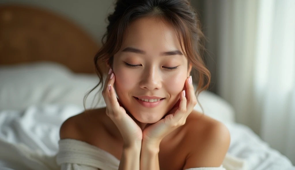 "A beautiful woman, She has a relaxed, serene expression on her face, showcasing comfort and ease. The woman is depicted with soft, natural makeup and her hair is styled in a simple, elegant manner. She is in a peaceful, calm setting, perhaps in her bedroo...