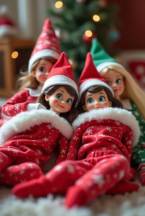 Make coloring book pages with 2 elf on the shelf  that having pyjama party with barbie dolls  and sleeping in big christmas socks instead of sleeping baga