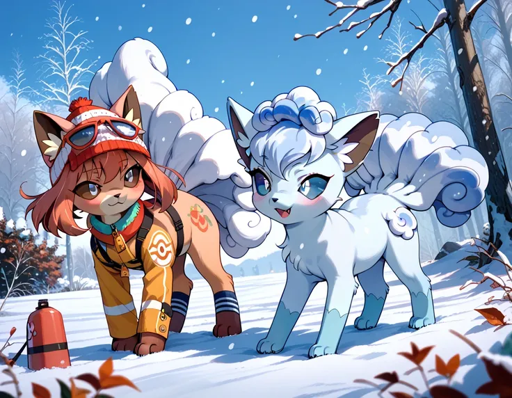 ((a pokemon)), (((alolan vulpix))), feral, (show the genitals), (fall over), alolan vulpix play in the snow, snowy field, snowing