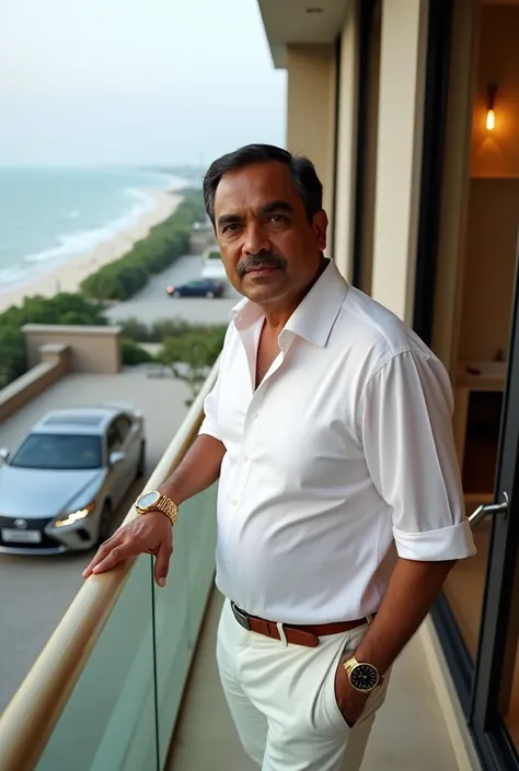 "Harshad Mehta standing on the balcony of a luxurious high-rise apartment overlooking the Arabian Sea, dressed in a white shirt and gold wristwatch. In the background, a luxury car (Toyota Lexus) is parked in the driveway, and the interior reflects modern ...