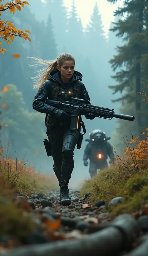 A 17-year-old cyberpunk female soldier is running forward and is about to fire a high-tech rifle in front of her, her cyberpunk equipment is glowing in places, a mountainous area with a forest, and a large beast with a luminescent organ is running away fro...