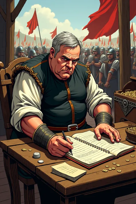 A richly detailed classic comic-style depiction of a portly medieval paymaster seated at a sturdy wooden table piled high with scrolls, coin purses, and a ledger open to neat rows of figures. His large, round head is adorned with thinning grey hair careful...