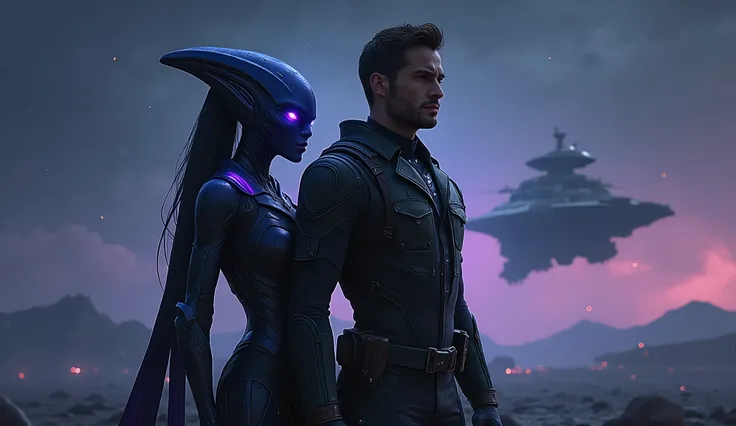 A powerful alien warrior with glowing violet eyes stands confidently, her hand resting on the shoulder of a handsome human soldier guy, both surrounded by an aura of mystery and power. The background shows a vast, dark alien landscape with distant stars an...