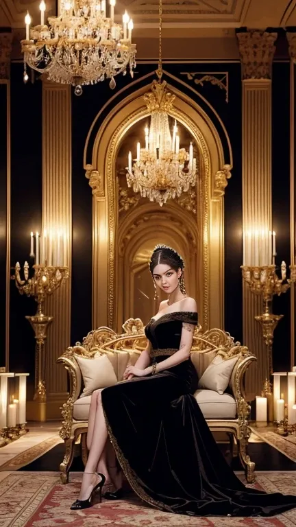 A conceptual shoot in Dark Noir Aesthetic & Editorial/High-Fashion Vibes with a theme of mystery and intrigue of an elegant young woman in a luxurious setting, pampered like a queen. She sits on a velvet throne adorned with gold, surrounded by flowers, can...