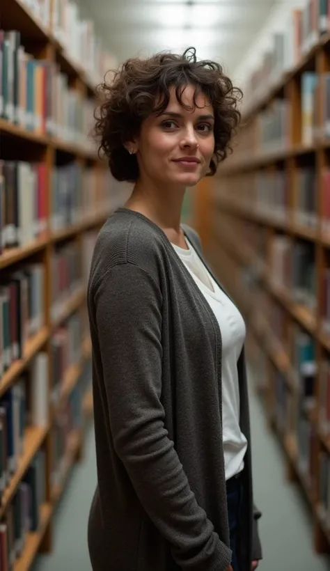 A 38-year-old woman with short curly hair, wearing a long cardigan, standing in a quiet library.