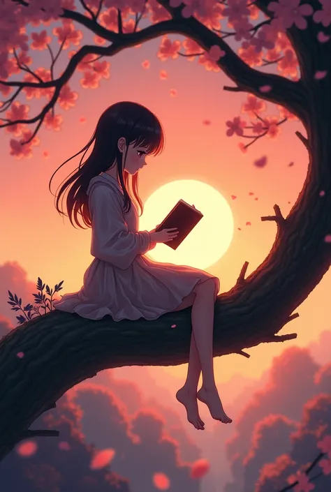 So far frame,Anime drowned, girl reading a book, sitting in the top of the tree, sunrise, smiling