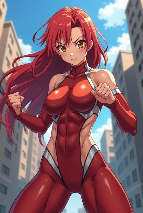 My Hero Academia Style , Anime girl, female, young female ,Full Body Shot,(fighting stance:1.3),Long hair, Red Hair,  Brown Eyes,Hero Suit, Full Body Suit, red suit with white details, perfect anatomy,  （Well-trained abdominal muscles）,（trained Biceps）,sup...