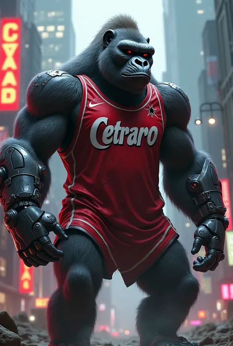 Make a cyberpunk gorilla with a mechanical arm and a super cut in the eye as a war fighter and a blood jersey with the name Cetraro