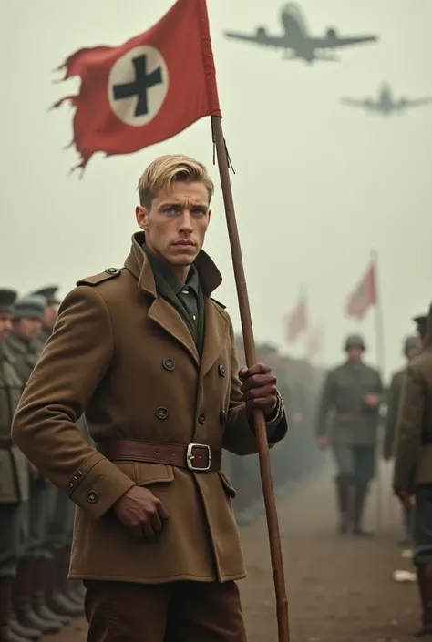  German man with brown wool jacket and brown pants . He is wearing riding boots .  He has blue eyes and blond haircut hair .  He looks seriously into the distance .  Around his waist is a brown belt with a silver buckle .  He holds a wooden stick with both...