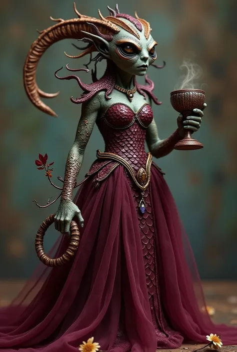  Tabeltop miniature monster woman covered with scales in her hand holds a leather whip and in the other a goblet covered with stone, na głowie ma koronę z drzewa cedrowego i czarnych magnolii, burgundy tulle train dress 