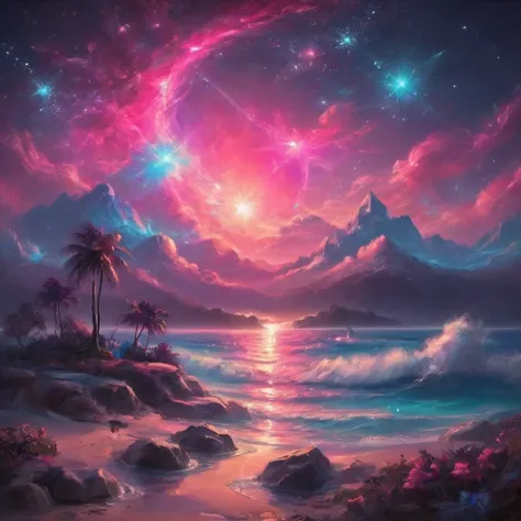 A design for a vaporwave style, beautiful neon glowing galactic art piece and colorful stardust in a surreal night sky, magical twinkling stars, glowing, dynamic angle, dynamic lighting, various positions.
