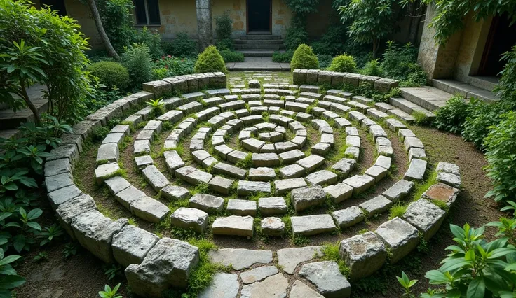 "An intricate stone labyrinth, with paths leading through an ancient garden. The vibrant greenery contrasts with the pale, worn stone, symbolizing the journey toward wisdom and clarity through struggle."