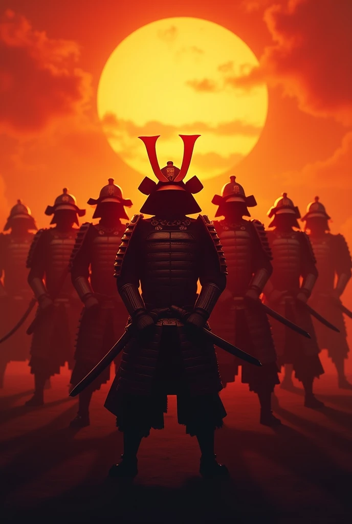 Japanese samurai wearing armor and helmets who stand coolly against the sunset