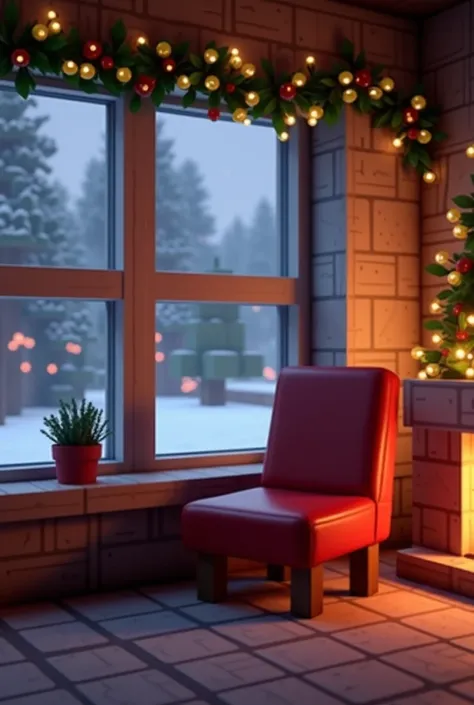 Minecraft, Empty Red Chair beside window, Christmas Evening, Warm lighting