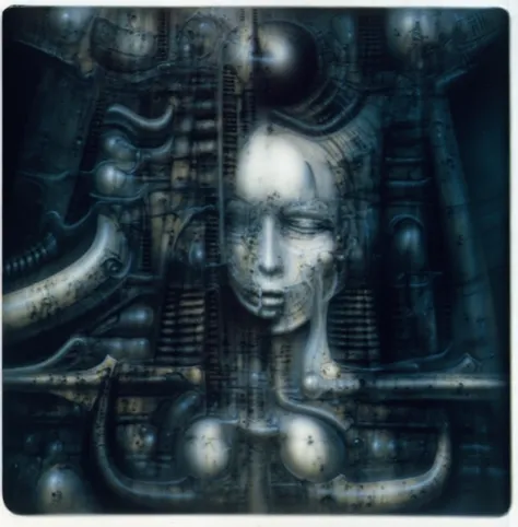 H. R. Gigers g1g3r, , Giger_style,  , The image is a detailed view of H.R. Gigers " Alien III  " plate, featuring HRGGR, H.R. GIGER  This is a sepia tone photograph of derelict spaceships side. The ship has a large hull and is adorned with various patterns...