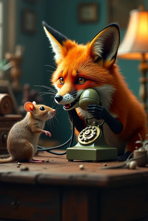 A photo of a red fox speaking on the phone to a rat