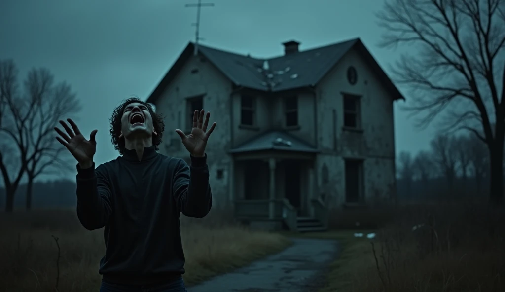 A person can be seen shouting in the picture.  Behind him is an old house.   And the context of this film will be scary.  And it was late at night