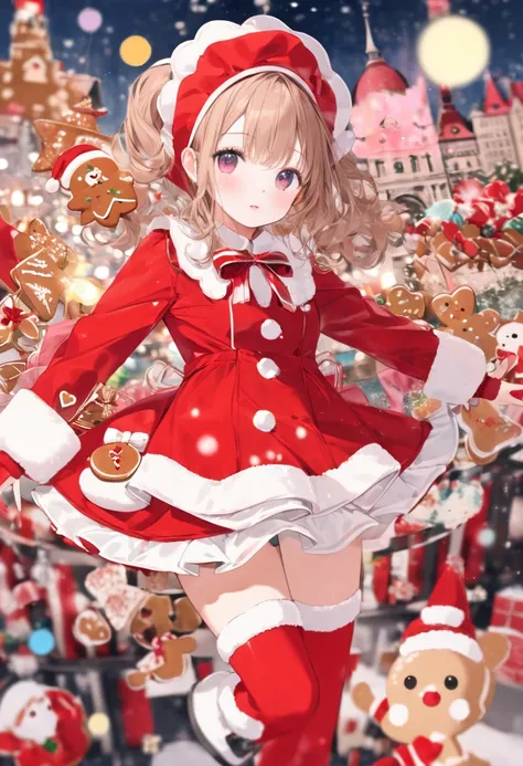 (masterpiece, best quality),crisped illustration,
picture book collage depicting,cute santa girl,solo,tween,(floating in waitressness sky above european ctown,floating in waitressness sky),she is surrounded by cute gingerbreadman stuffed toy,wearing mascot...