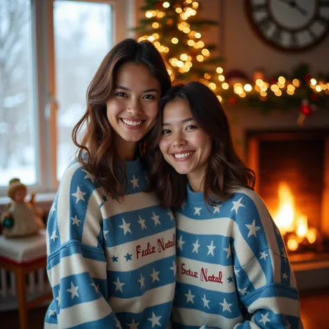 Prompt: Photo of an Asian woman with shoulder length brown wavy hair wearing a Light blue and white striped sweater with the stars logo on the front of her shirt.25 years old,Seen together with a wonderful woman 25 years old, light brown middle long  hair,...