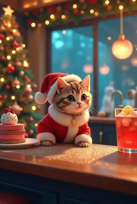  Masterpiece、 high image quality、Christmas Ornament Bar 、 counter、 christmas tree 、 glitter、Blue Cocktail、 Christmas Cake、Very cute Santa style kitten、２Animals、recessed ceiling light、Blue light、