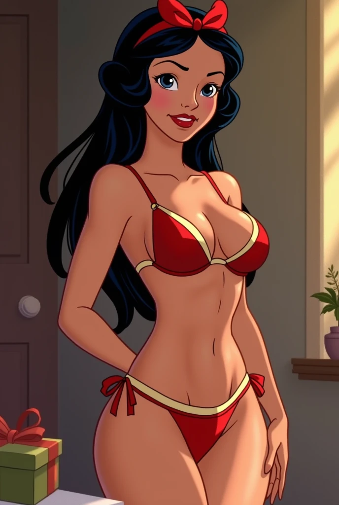 Make Disneys Snow White a princess with a low-cut outfit, tight to the body, with large breasts and a seductive Christmas mood in a bikini and almost without clothes.