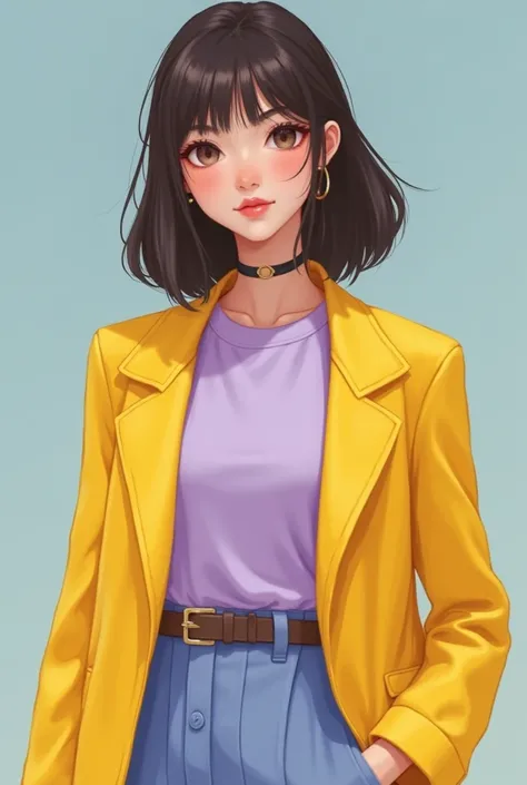 Girl wearing long neck light purple shirt and yellow jacket