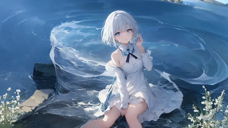  white hoodie 、 black shirt 、Ultra HD, Watch viewers with a beautiful sunset in the background , and, 20 years old, 非常に short hair,  long bangs between eyes, Pale blue eyes,  very detailed,(masterpiece、 top quality ),Gray Hair、Laughter、 wonderful,  Silver ...