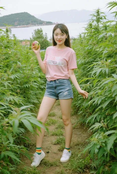 ne belle femme asiatique, t-shirt moulant  transparent, habillée dun petit short en jeans tres serré et tres court , des chaussettes vert, jaune, rouge, le t-=shirt rose clair, moulant, serré transparent voir la forme des seins et des tetons t-shirt mouill...