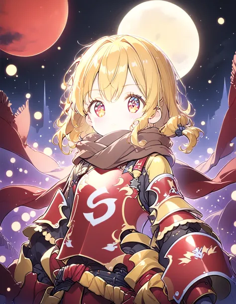 Detailed 8k cute theme , girl with scarf, long disheveled yellow hair and red eyes wearing yellow and red armor with full moon in the background