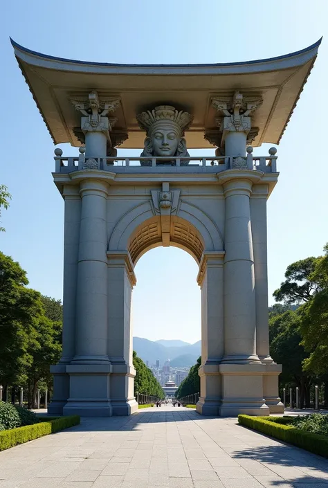 Torii arch, a Japanese version of the Arc de Triomphe inspired by torii, the famous entrance to a Shinto temple. The architecture would portray the elements of the Shinto style mixed with traditional sculpture. 