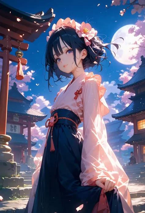 core_9, score_8_ up, score_7_ up,  Very Pretty Girls , face this way, Impressive Pictures , If ,Shrine maiden,Droopy eyes, black hair, posing, semi-long,バスト up,,,  Japanese Shrine,Stone Stage ,temple, Young girl , full moon, dreamy beauty,  , Shrine maiden...