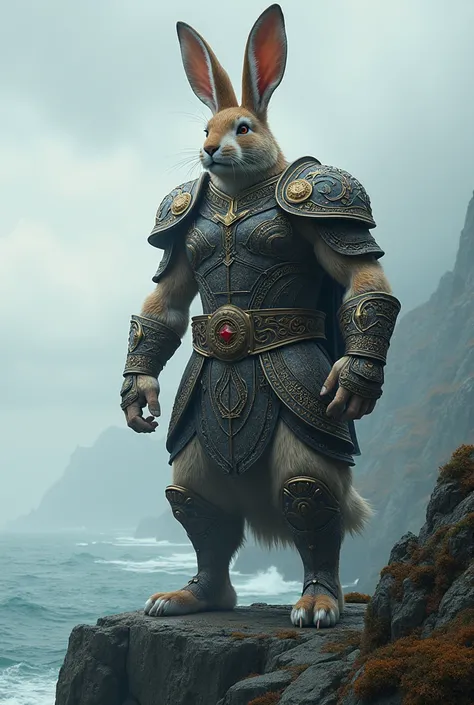 Giant Viking Warrior Rabbit with Armor Looking At The Horizon 