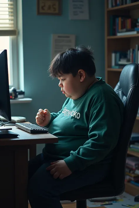 a fat teenager in front of a computer with a sweatshirt that says "zjaranykoko"