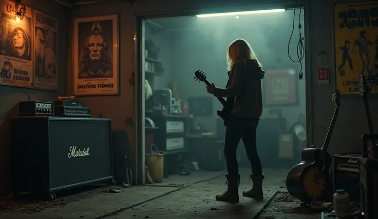 The beautiful blonde guitarist discovers a small garage used as a shelter. Inside, there are relics from a time before the apocalypse: posters of legendary bands, dusty amplifiers and broken instruments. Dark image, gloomy environment with fog, fire and sm...