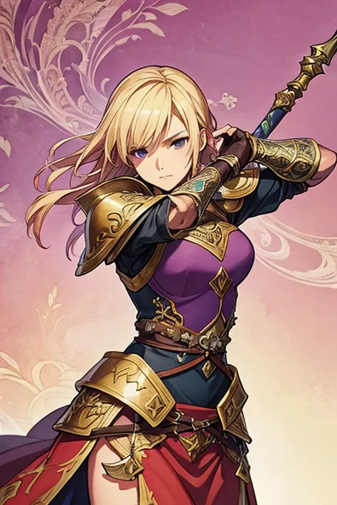 estilo final fantasy tactics, Watercolor shading, hand-painted texture,  dynamic pose style,  blond hair, detailed and ornate armor with red hues , Solid purple spear ornamented with bright highlights, intricate, fantasy-inspired weapon design, soft, muted...