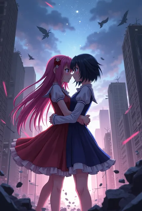 Madoka and Homura, hugging while the world collapses(Madoka magika)