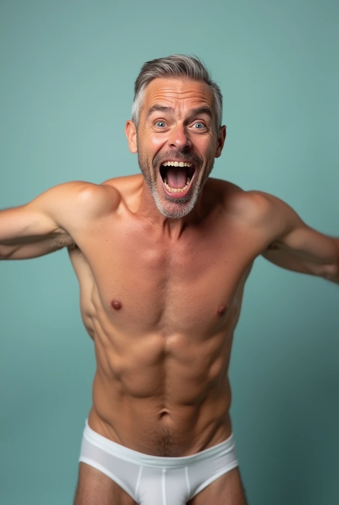 high quality, 8K Ultra HD, a CAUCASIAN MALE who is 60 OF AGE. He has BLUE EYES and GRAY HAIR. He is only wearing white underwear and is CLEAN SHAVED. EYES AND MOUTH WIDE OPEN, LAUGHING HARD, HIGH ON METHAMPHETAMINE, heis showing off his butt.