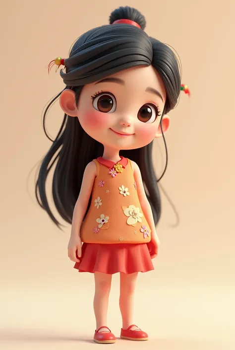 "A 3D cartoon character , a  girl with Chinese eyes long but not bushy hair with a skinny build with a smiley friendly face and a very relaxed thin face