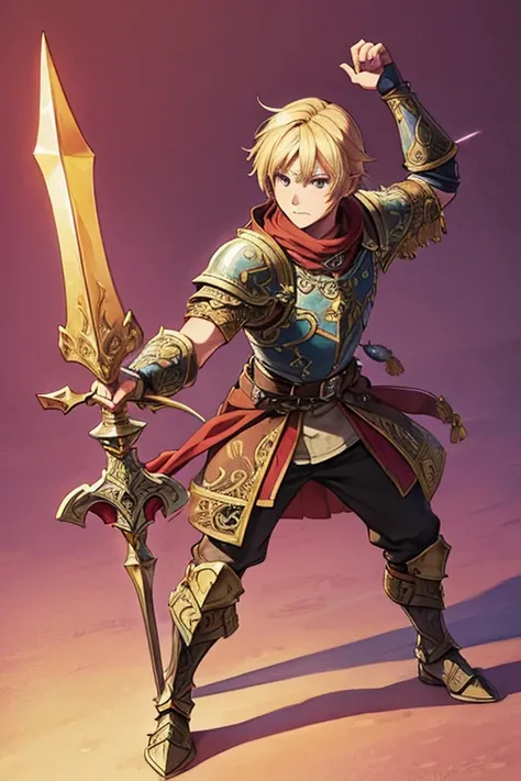 estilo final fantasy tactics, Watercolor shading, hand-painted texture,  dynamic pose style,  A man,  blond hair, detailed and ornate armor with red hues , Solid purple spear ornamented with bright highlights, intricate, fantasy-inspired weapon design, sof...