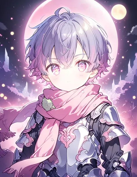 Detailed 8k cute theme , Boy in the scarf , short disheveled silver hair and pink eyes wearing pink and silver armor with full moon in the background