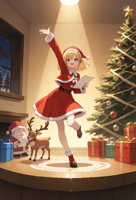 Masterpiece, cute anime style girl,(( little character holding paper, Transformed Characters )), dancing Santa Claus and his happy friends, pop dance, s,Fir Tree , Star,Swirls of color and light , Christmas Tree,gift, reindeer,デフォルメ, little character, cute...