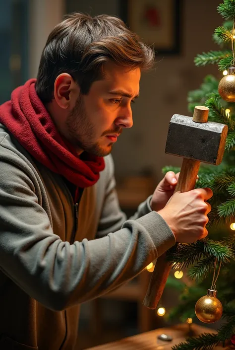 person putting a Christmas ornament with an iron hammer on a tree