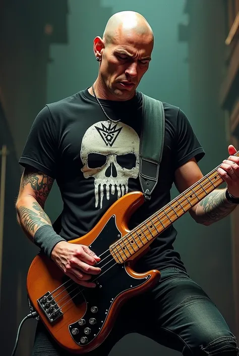 Bald metal bassist , normál body shaped, with Rickenbacker guitar ín punk t-shirt 